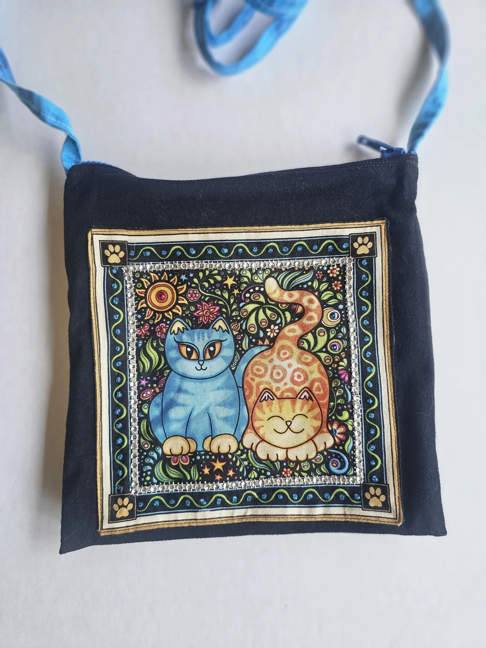 Colorful Cat Crossbody Bag with Blue Strap